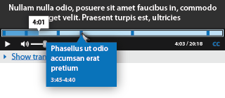 Floe audio player design showing captions and caption preview on scrub bar hover